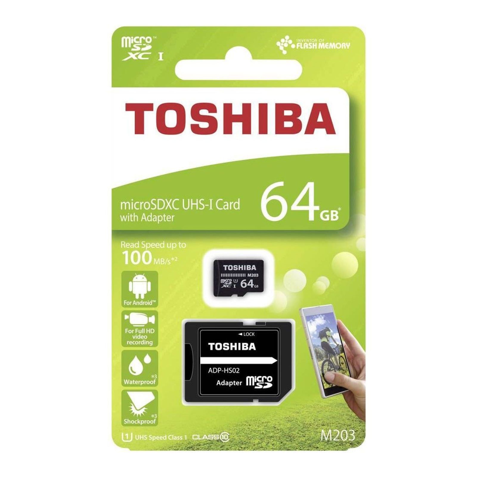 کارت حافظه ۶۴گیگابایت برند TOSHIBA مدل M203 کلاس ۱۰ و استاندارد SDHC UHS-I u3 ، سرعت up to 100mb/s